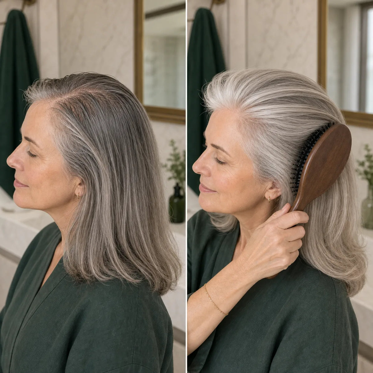 Before and after view of mature silver hair looking fresher after brushing